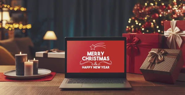 Feliz Natal Feliz Ano Novo Desejos Laptop — Fotografia de Stock