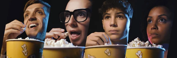 Folk Tittar Filmer Bio Och Äter Popcorn Fotokollage — Stockfoto