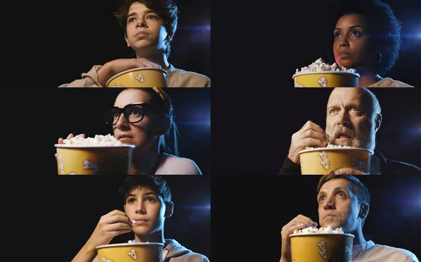 Gente Viendo Una Película Suspense Cine Comiendo Palomitas Maíz Collage — Foto de Stock