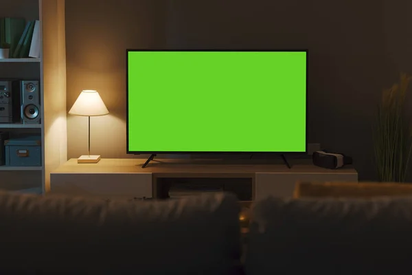 Televisão Com Tela Verde Horizontal Sala Estar Entretenimento Conceito Tecnologia — Fotografia de Stock