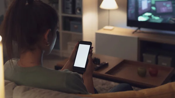 Teenager Relaxing Couch Home Connecting Online Using Her Smartphone Screen — Foto de Stock