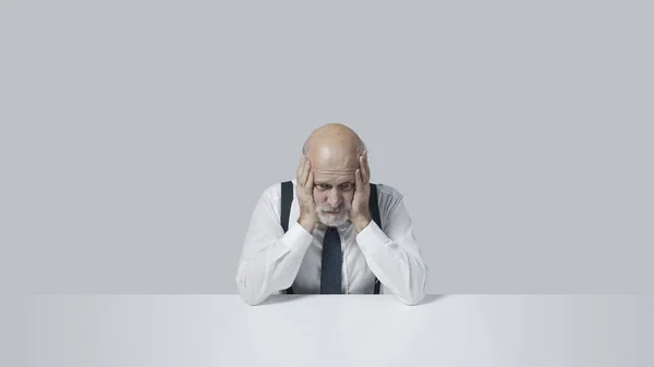 Desperate Businessman Sitting Head Hands Stress Depression Concept — Zdjęcie stockowe