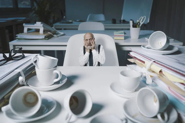 Stressed Businessman Working Overtime Office Had Too Many Coffees Nervous — Stockfoto