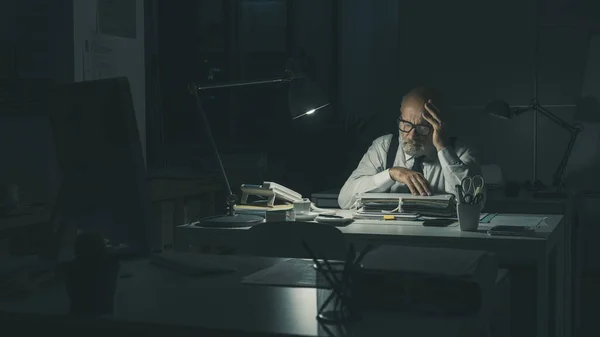 Stressed Business Executive Sitting Desk Working Overtime Night Overworked Tired — Photo