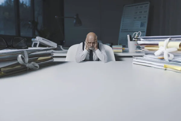 Desperate Tiny Office Worker Sitting Desk Head Hands Overtime Work — Stockfoto