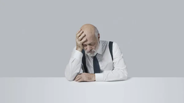 Depressed Businessman Sitting Thinking Eyes Closed Worried Pensive — Zdjęcie stockowe