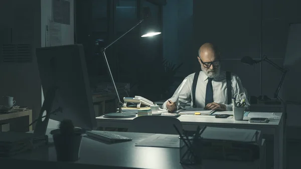 Corporate Businessman Sitting Desk Alone Office Night Working Overtime — стоковое фото