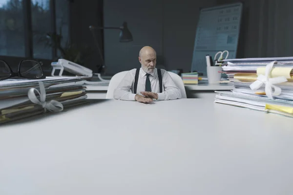 Small Businessman Sitting Office Desk Looking Piles Paperwork Overwhelming Work — Photo