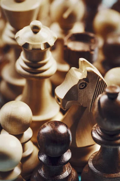 Many Assorted Chess Pieces Together Close Crowd Concept — Stockfoto