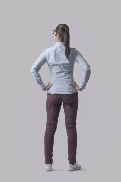 Young Woman Standing Full Body Back View Isolated Gray Background — Photo