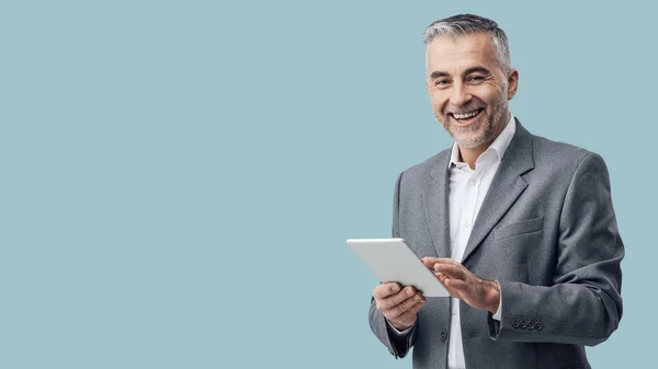 Cheerful Confident Businessman Holding Digital Tablet Using Apps Connecting Internet — Foto Stock