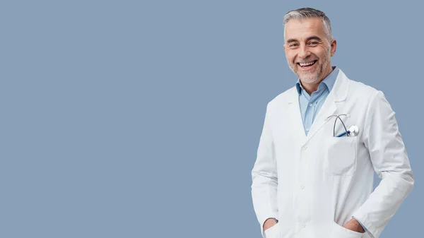 Cheerful Mature Doctor Posing Smiling Camera Healthcare Medicine Concept Blank — Foto Stock