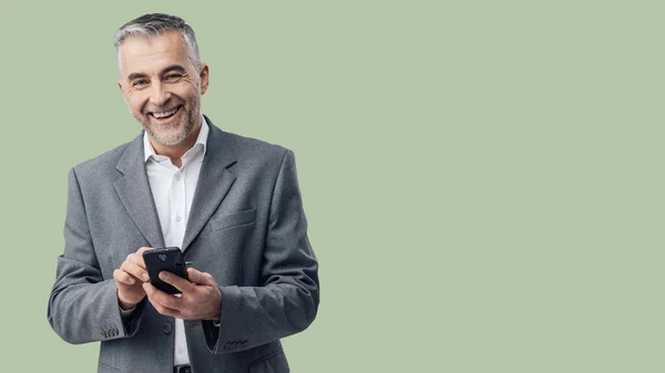 Confident Mature Businessman Using Apps Texting His Smartphone Business Communication — Foto Stock
