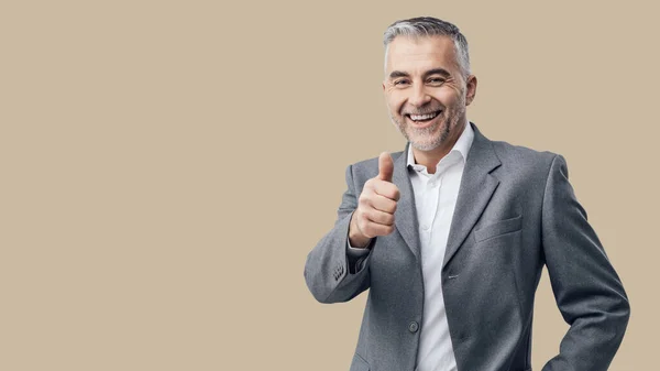 Cheerful Confident Businessman Giving Thumbs Smiling Camera Blank Copy Space — Stockfoto