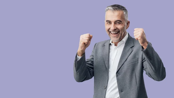 Cheerful Successful Businessman Celebrating Fists Raised Satisfaction Achievement Concept Blank — Foto Stock