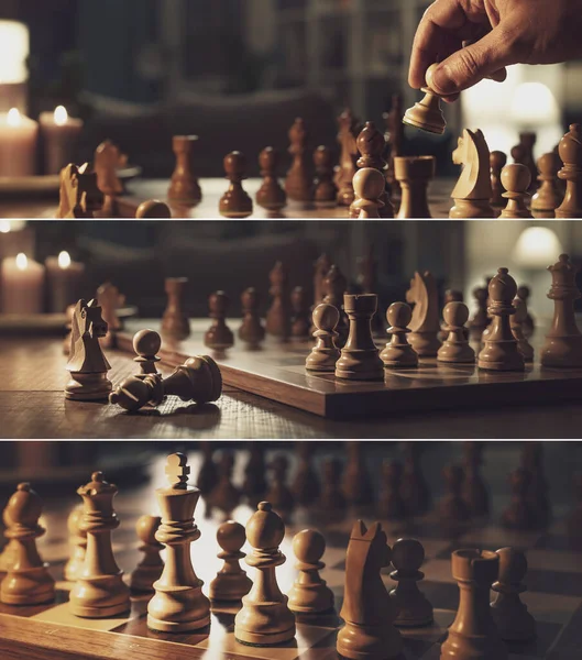 Άνθρωπος Που Παίζει Σκάκι Στο Σπίτι Πανό Που Στρατηγική Παιχνίδια — Φωτογραφία Αρχείου