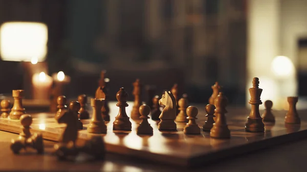 Σκάκι Παιχνίδι Πολυτελή Ξύλινο Σκάκι Που Και Σαλόνι Εσωτερικό — Φωτογραφία Αρχείου