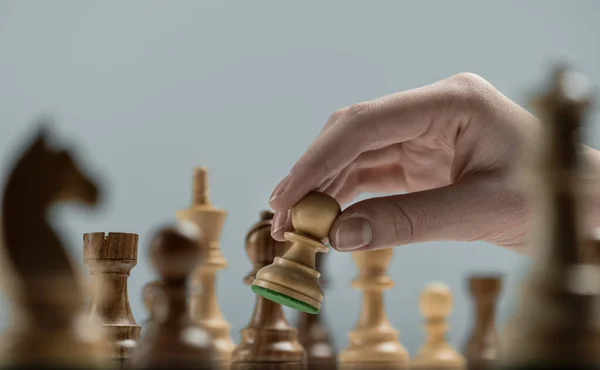 Professional Player Moving Pawn Chessboard Chess Game Strategy Concept — Stock Photo, Image