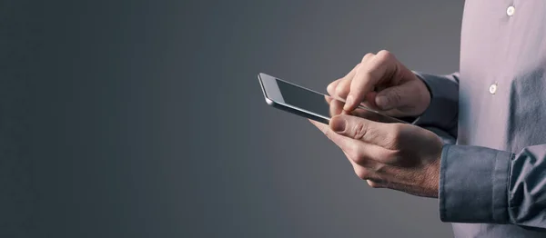 Businessman Connecting His Smartphone Using Apps Online Services — Stock Photo, Image