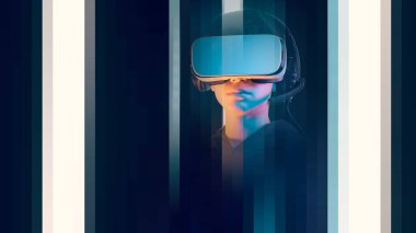 Havalı genç bir VR kulaklık takıyor ve sanal gerçeklik, teknoloji ve oyun konseptini tecrübe ediyor.