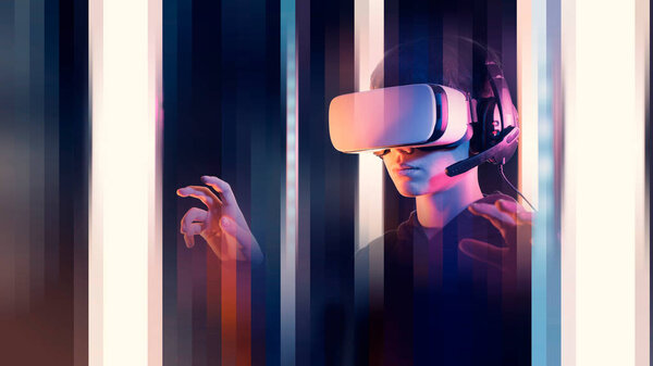 User Wearing Headset Interacting Virtual Reality Metaverse Digital Worlds Concept — Stock Photo, Image