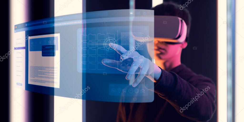 User wearing a VR headset, he is interacting with virtual screens and user interfaces, virtual desktop concept