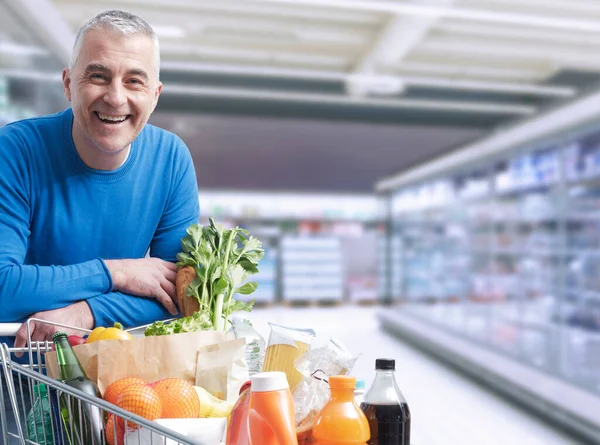 Smiling Confident Mature Man Posing Shopping Cart Full Groceries — Stock Photo, Image