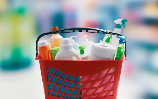 Red Shopping Basket Cleaning Products Blank Copy Space Hygiene Housekeeping — Stock Photo, Image