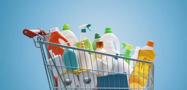 Carrinho Compras Cheio Detergentes Higiene Limpeza Conceito — Fotografia de Stock