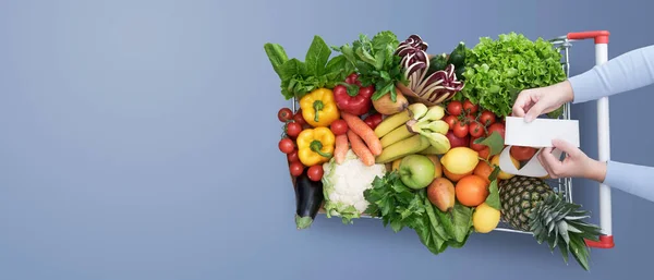 Kobieta Kupująca Dużo Świeżych Warzyw Owoców Sprawdza Paragon Spożywczy Widok — Zdjęcie stockowe