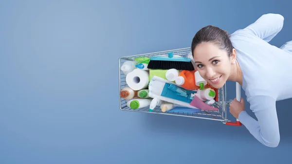 Happy Young Woman Pushing Trolley Full Detergents Housekeeping Equipment Top — Stock Photo, Image