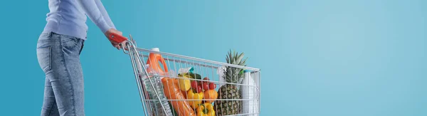 Junge Frau Schiebt Einen Vollen Einkaufswagen Supermarkt Und Lebensmittelgeschäft Banner — Stockfoto