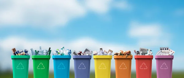 Collection of waste bins full of different types of garbage, recycling and separate waste collection concept