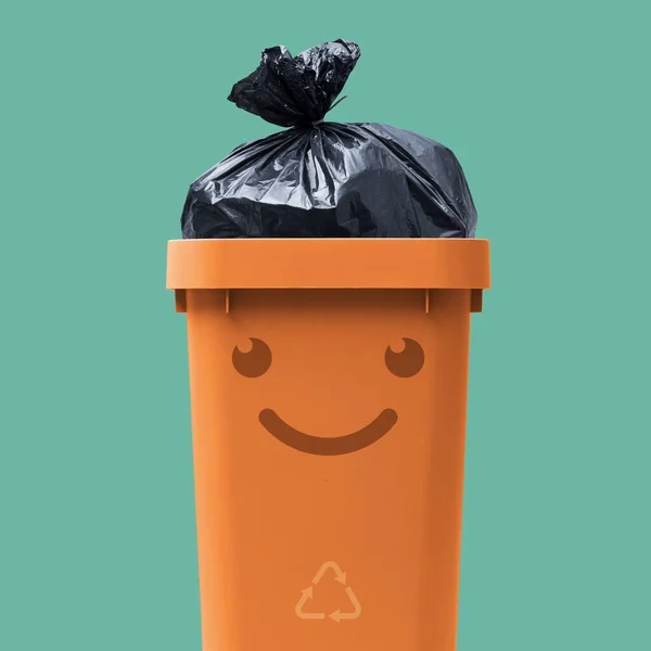 Cute Smiling Waste Bin Garbage Bag Waste Disposal Recycling Concept — Stock Photo, Image