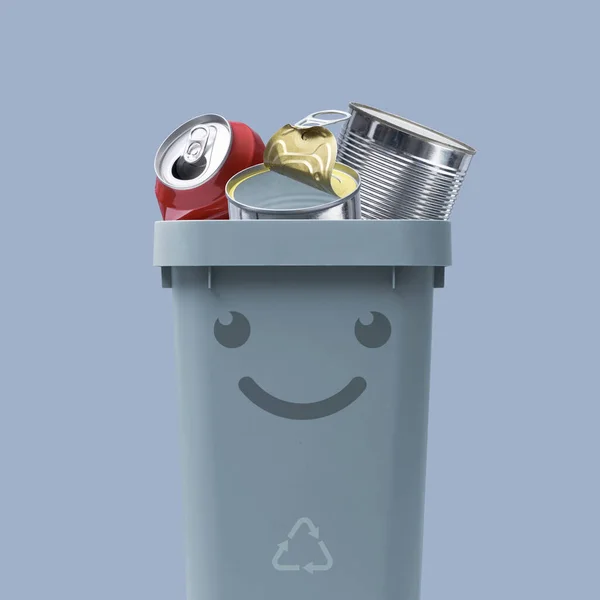 Cute Smiling Trash Bin Character Full Metal Waste Recycling Separate — Stock Photo, Image