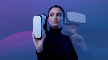 Elinde bir VR kulaklık tutan ve sanal gerçekliğe erişen genç bir kadın. Arka planda soyut dalgalar, metazet ve sanal gerçeklik kavramı.