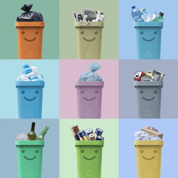 ごみの種類が違うかわいい笑顔のゴミ箱のキャラクター 分別ごみ収集とリサイクルの概念 — ストック写真