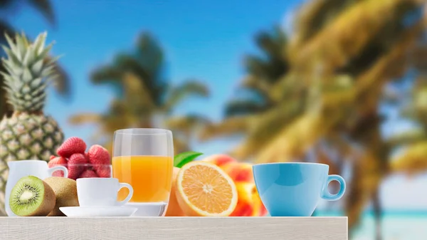 トロピカルビーチで新鮮な果物とおいしい健康的な朝食 背景のヤシ 旅行と健康的なライフスタイルの概念 — ストック写真