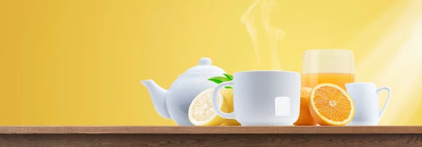Healthy Natural Breakfast Tea Orange Juice Banner Copy Space — Stock Photo, Image