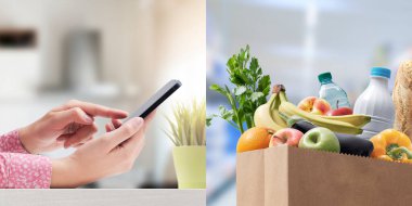 Bir kadın akıllı telefonu ve alışveriş çantasıyla internetten alışveriş yapıyor.