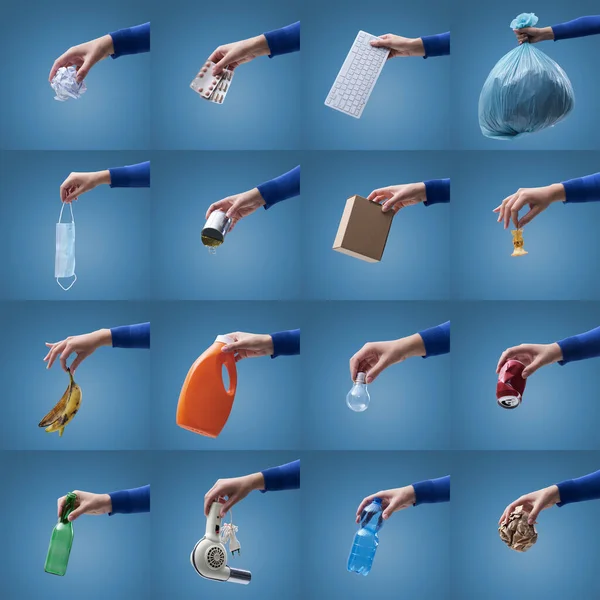 Hands holding different kinds of waste and materials, separate waste collection and recycling concept