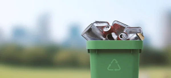 Cubo Basura Lleno Residuos Metal Reciclaje Concepto Recogida Residuos Separados — Foto de Stock