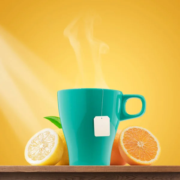 Forró Tea Főzés Csészében Citrusfélék Asztalon Egészséges Italok Koncepciója — Stock Fotó