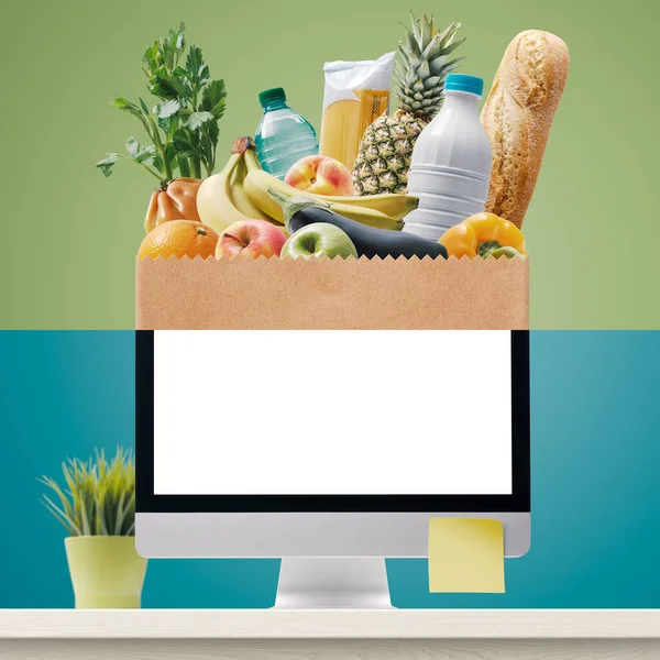 Online Grocery Shopping Computer Grocery Bag Full Goods — Foto Stock