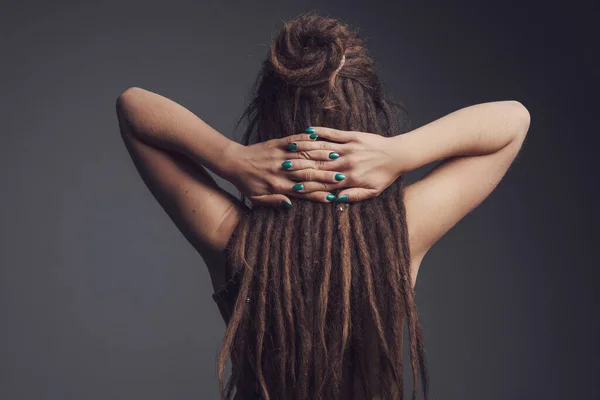 Closeup Portrait Young Woman Dreadlocks Long Hair Back View — Foto de Stock