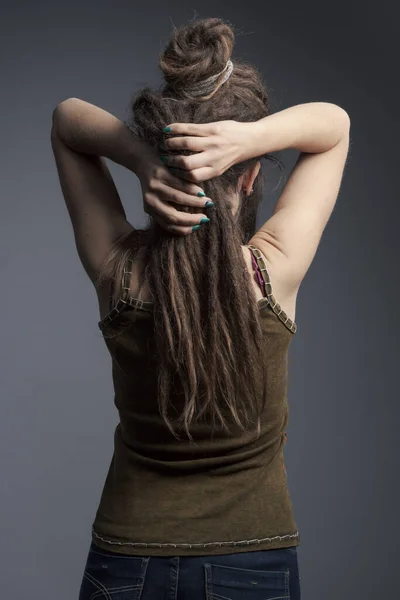Closeup Portrait Young Woman Dreadlocks Long Hair Back View — Stock Photo, Image
