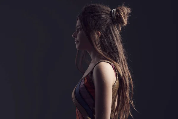 Closeup Portrait Young Woman Dreadlocks Long Hair Back View — стоковое фото
