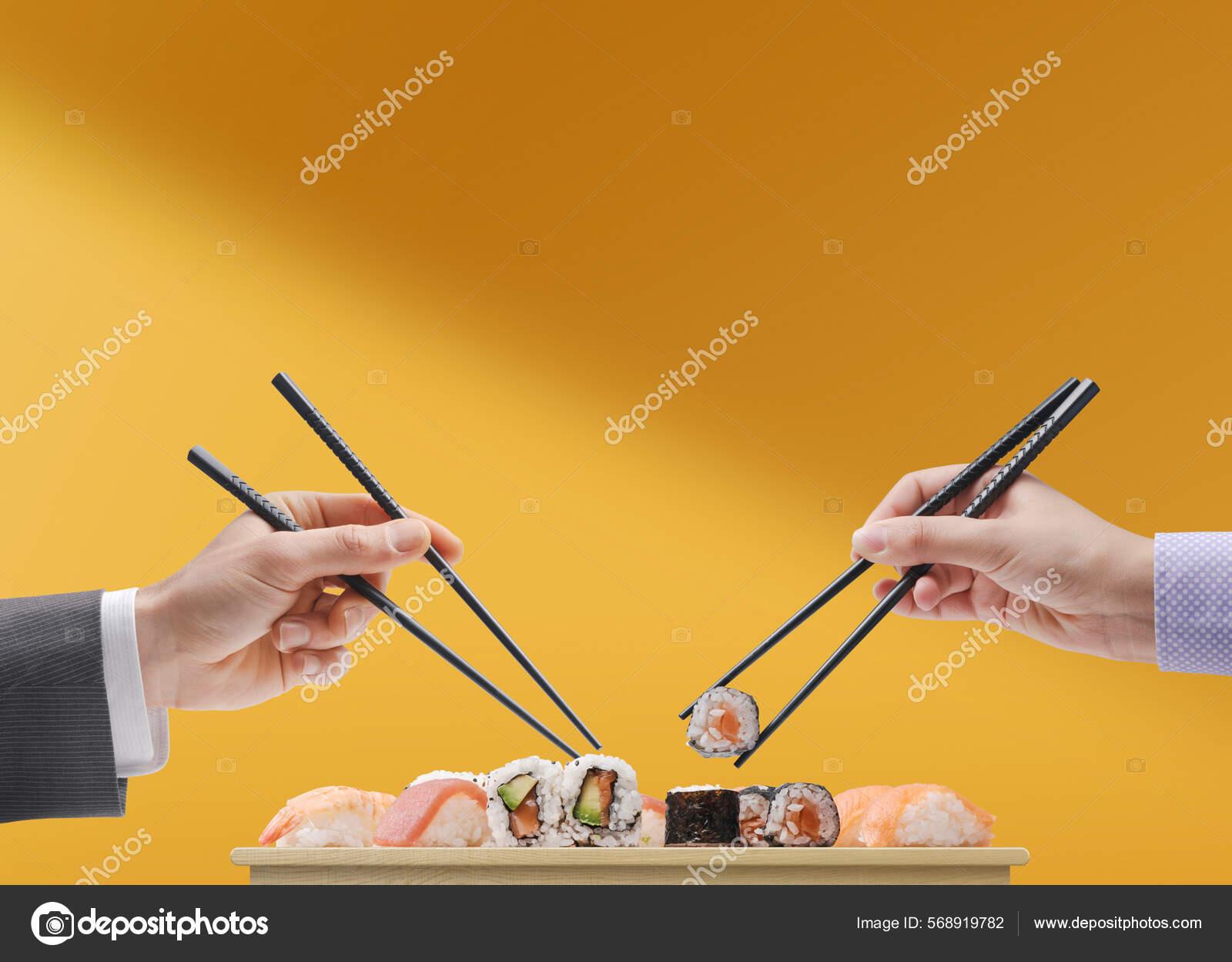 Man Woman Eating Sushi Together Using Chopsticks Asian Cuisine