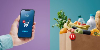 Woman holding a smartphone and ordering grocery online, user interface with shopping cart