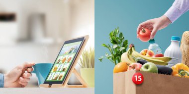 Müşteri, marketten sipariş vermek için bir tablet ve eve getirilen mallarla dolu bir poşet kullanıyor.